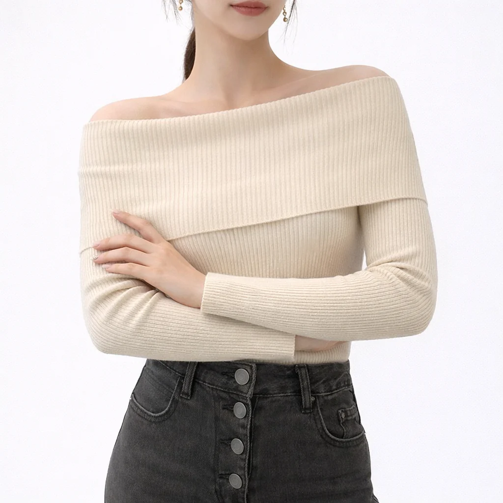 Aria Fitted Ribbed Off-Shoulder Sweater | Solid Long Sleeve Knit - Image 4