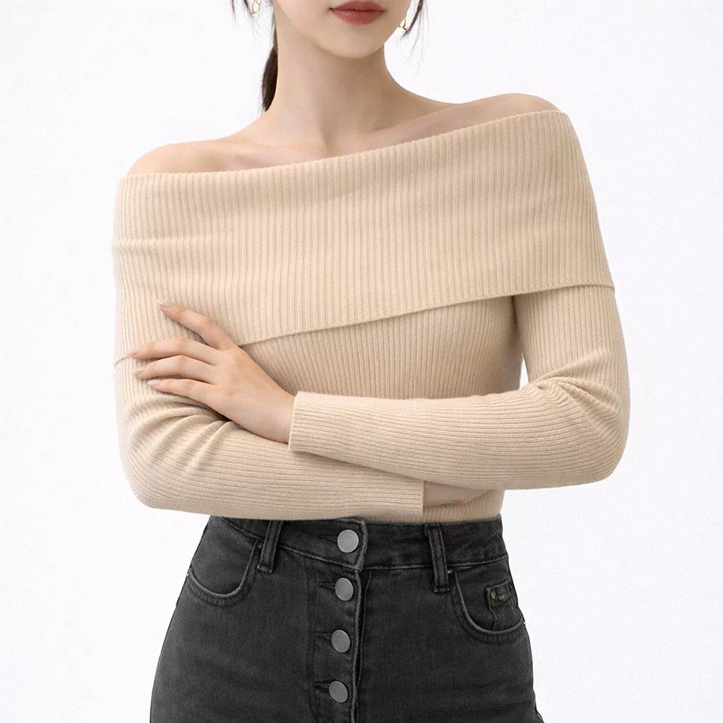 Aria Fitted Ribbed Off-Shoulder Sweater | Solid Long Sleeve Knit - Image 5