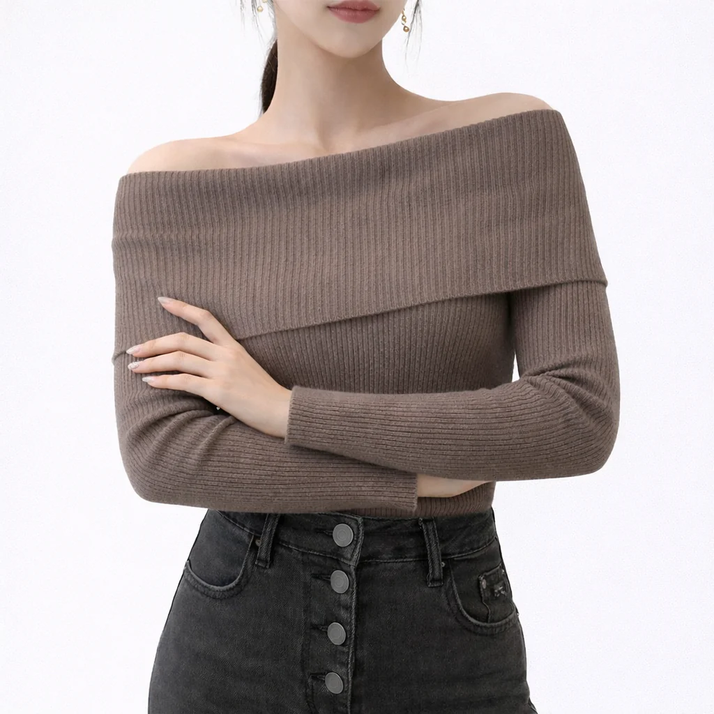 Aria Fitted Ribbed Off-Shoulder Sweater | Solid Long Sleeve Knit - Image 6