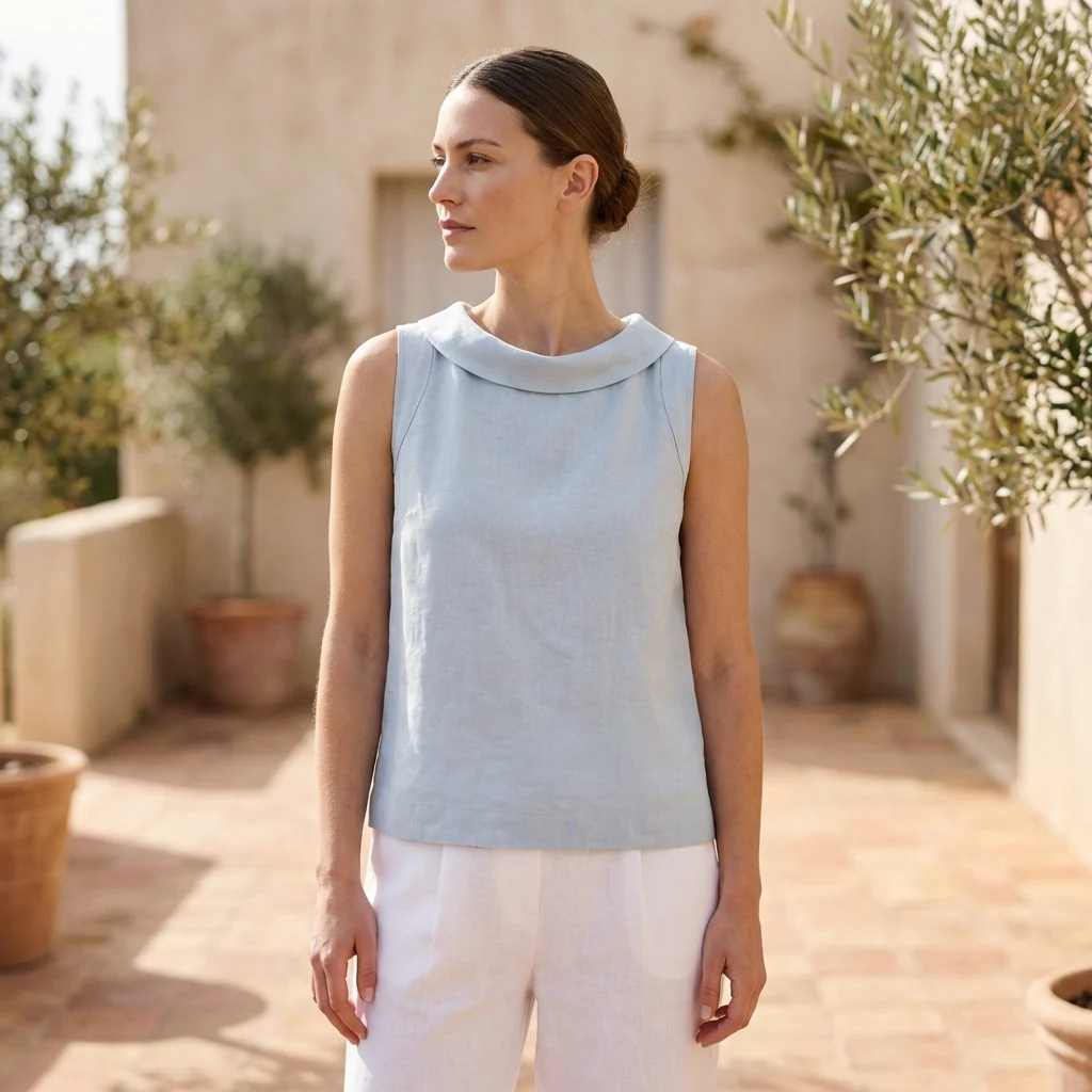 Maria Relaxed Fit Sleeveless Top | Roll Collar Curved Hem Top - Image 3