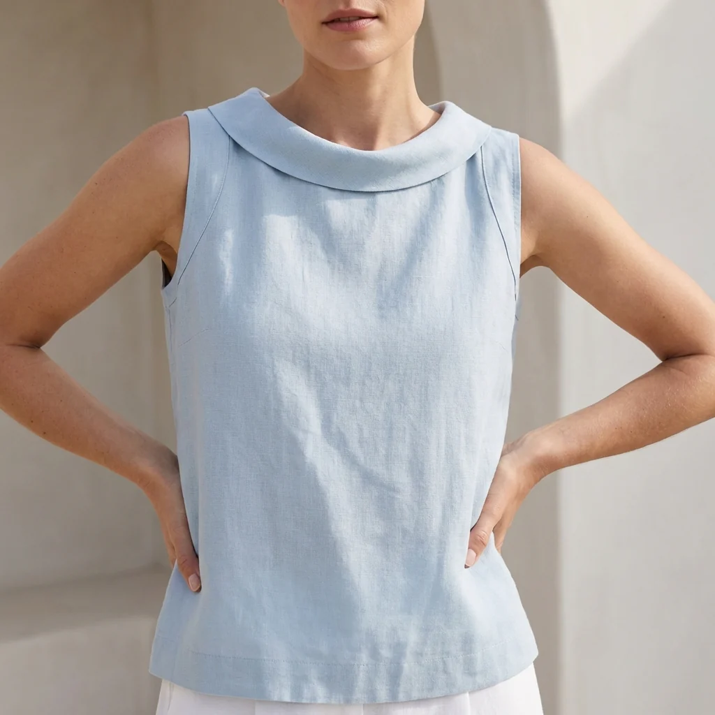 Maria Relaxed Fit Sleeveless Top | Roll Collar Curved Hem Top - Image 5