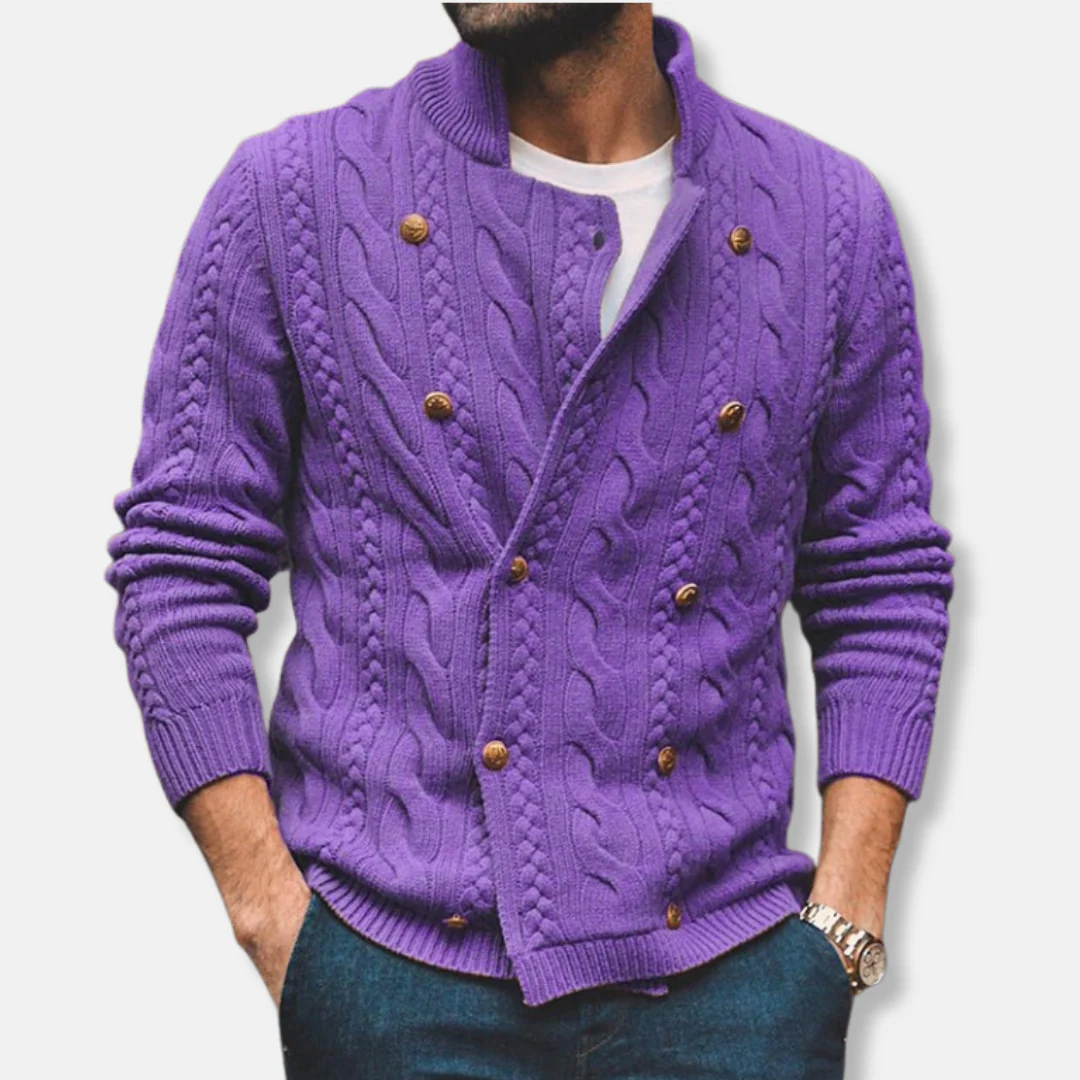Men’s Cardigan – Wool Blend – Cable Knit – Double-Breasted – Semi-High Collar - Image 5