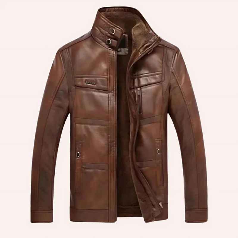 Men’s Leather Jacket – Slim Fit – High Collar – Insulated Lining – Multiple Pockets - Image 3