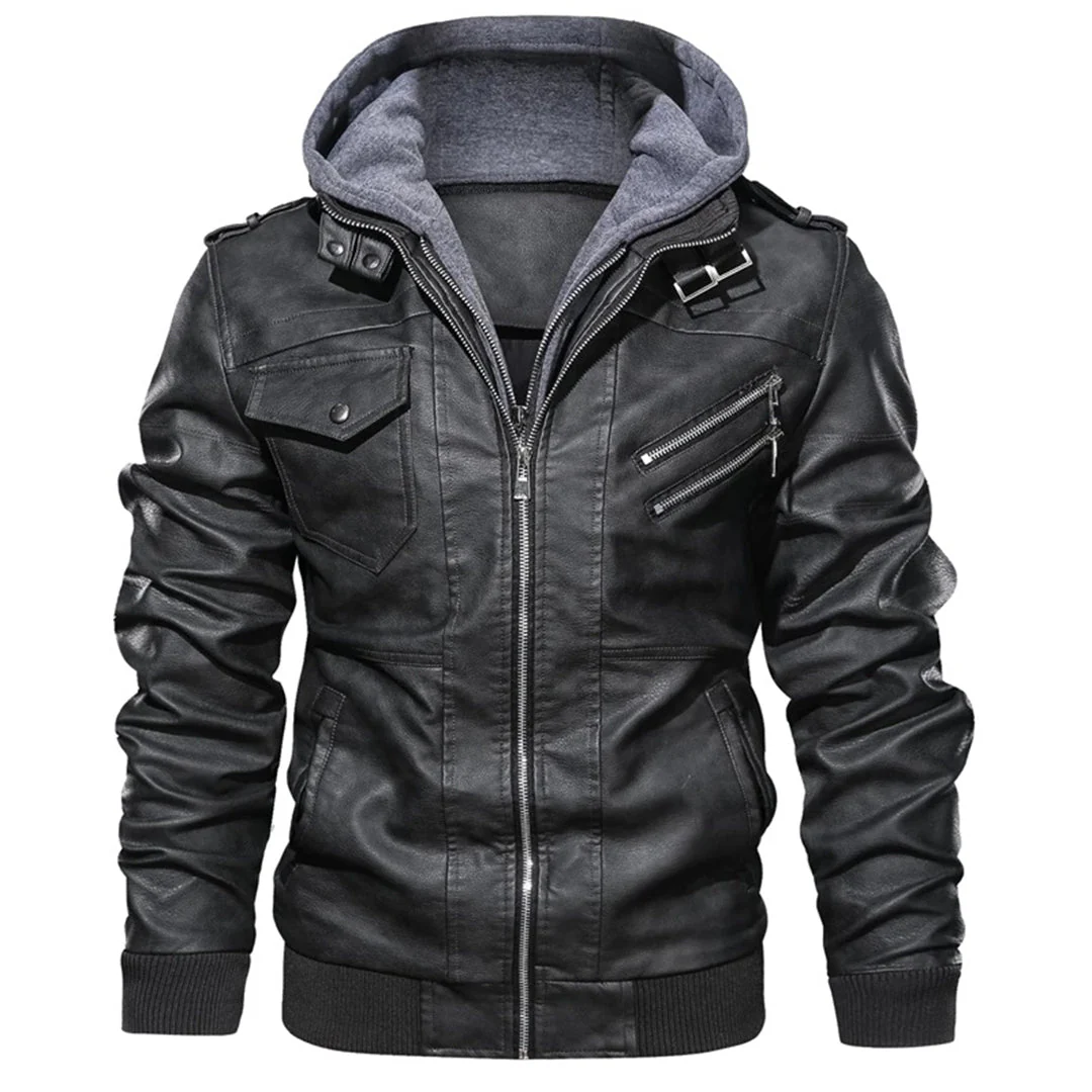 Men’s Leather Jacket – Tailored Fit – Detachable Hood – Zipper Pockets – Epaulettes - Image 3