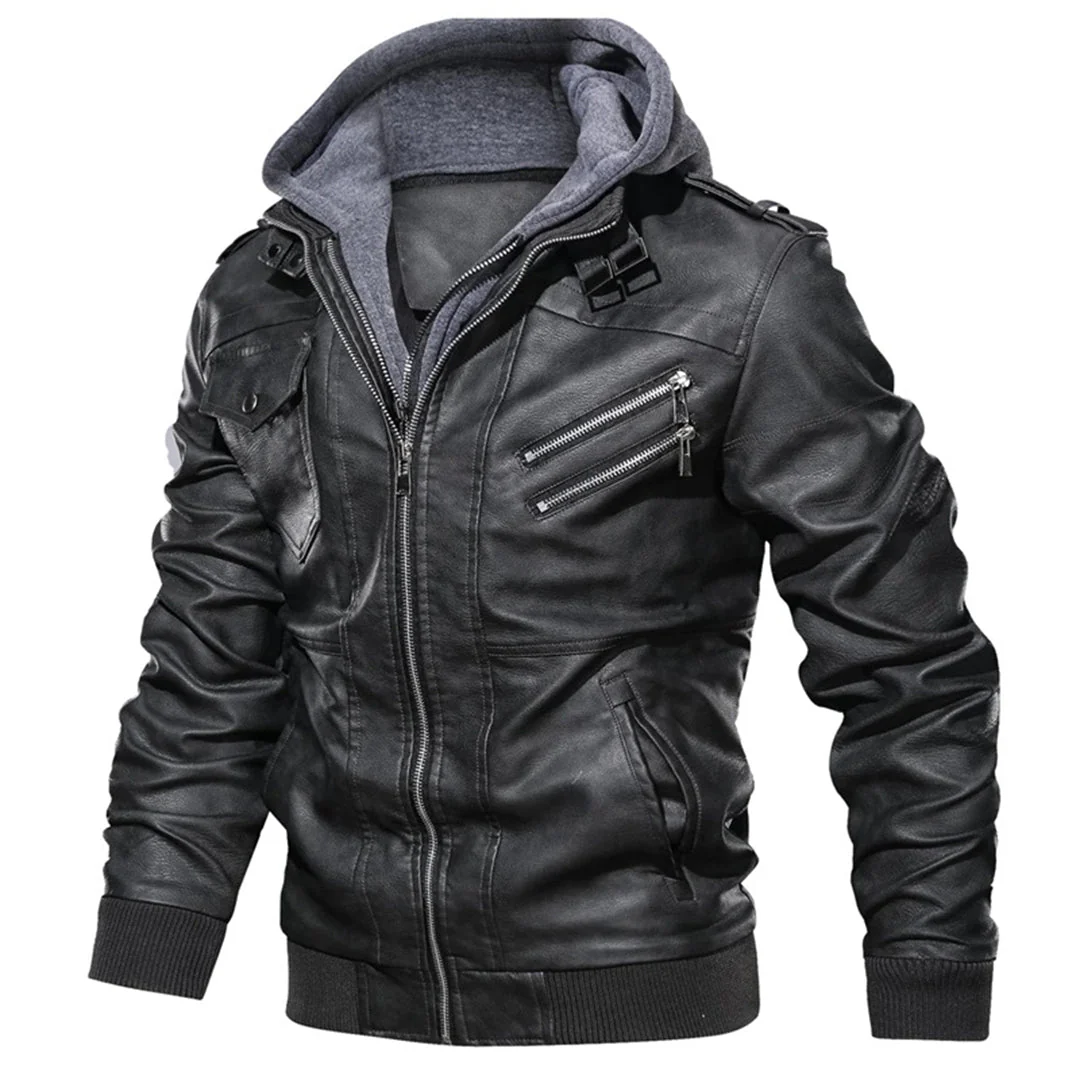 Men’s Leather Jacket – Tailored Fit – Detachable Hood – Zipper Pockets – Epaulettes - Image 4