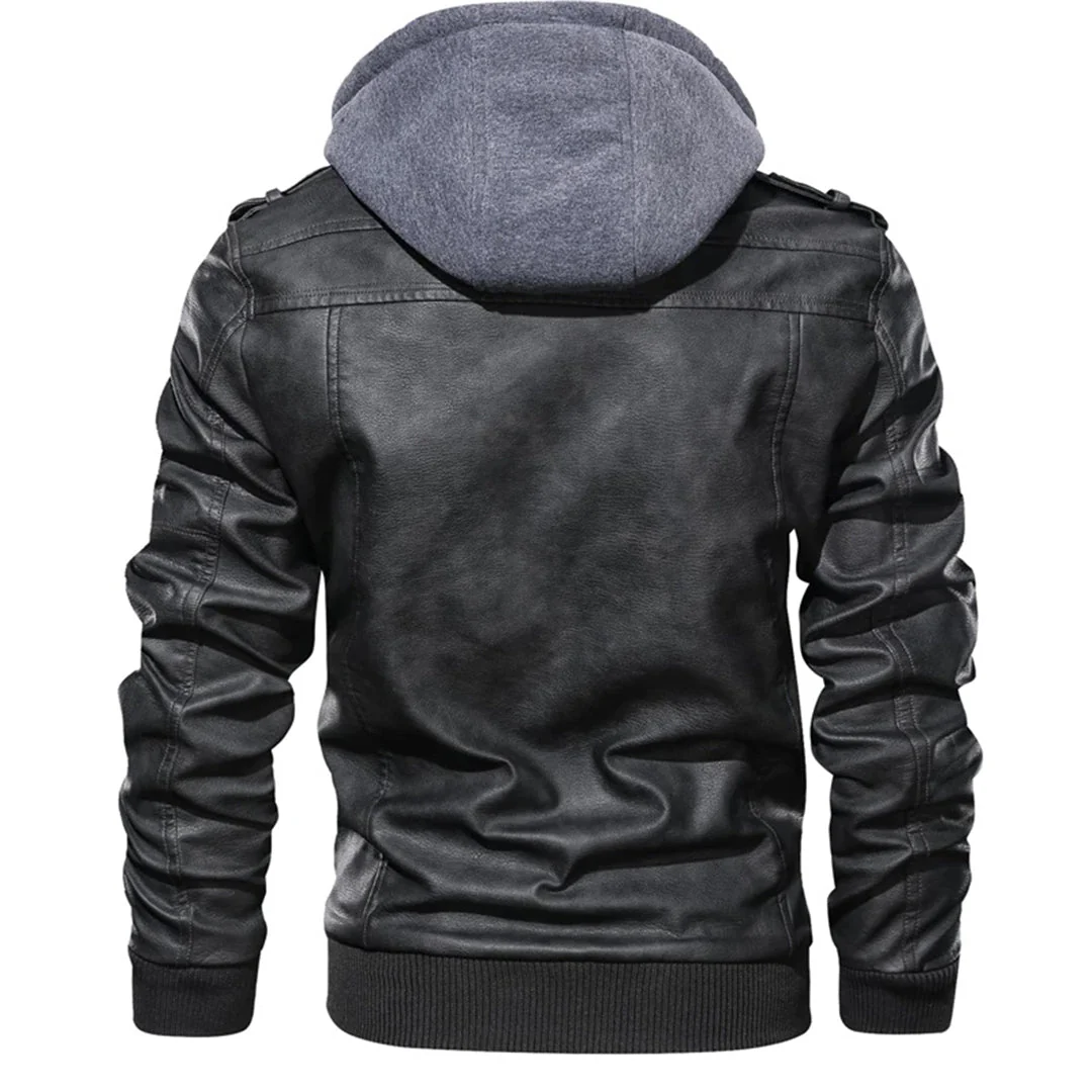 Men’s Leather Jacket – Tailored Fit – Detachable Hood – Zipper Pockets – Epaulettes - Image 5