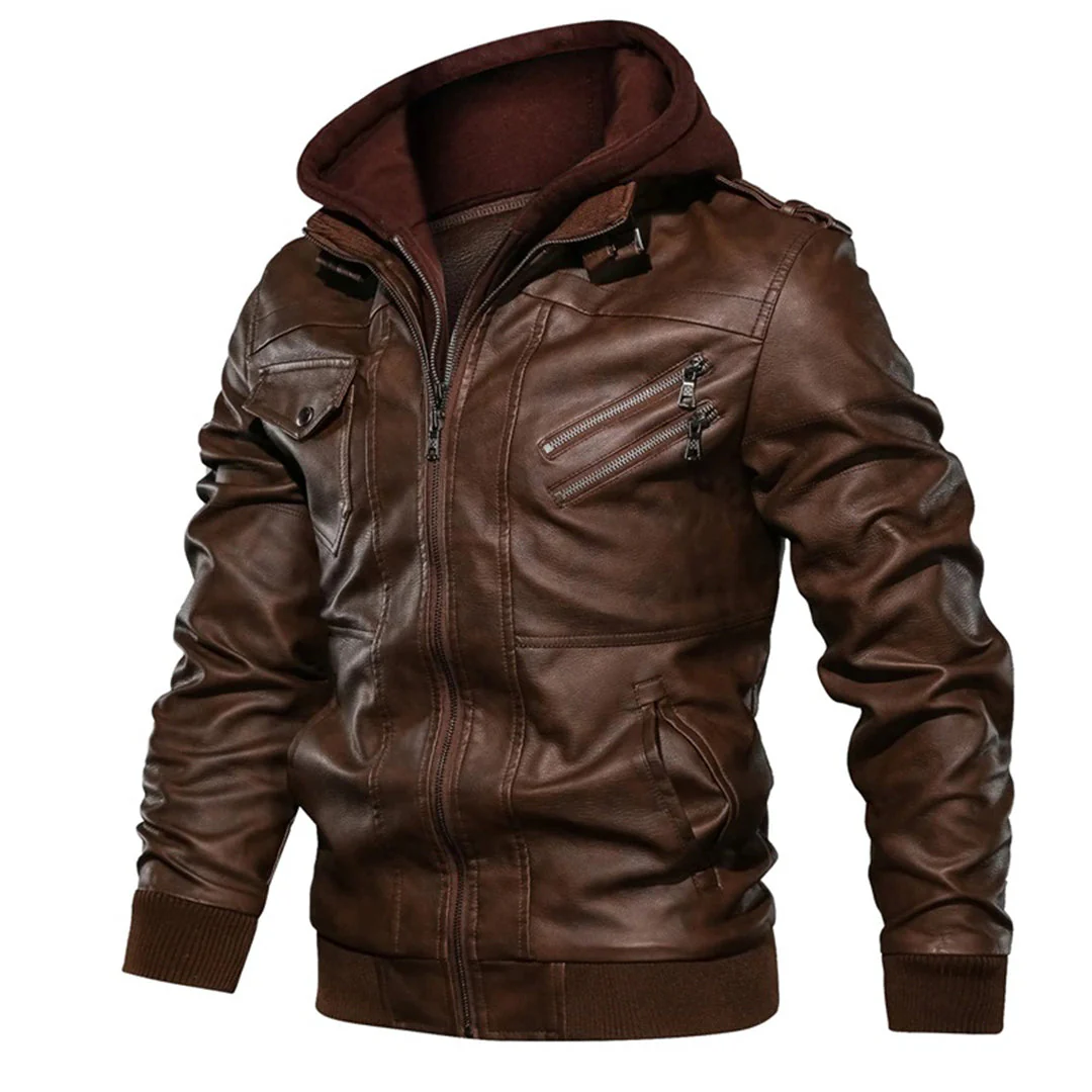 Men’s Leather Jacket – Tailored Fit – Detachable Hood – Zipper Pockets – Epaulettes - Image 7