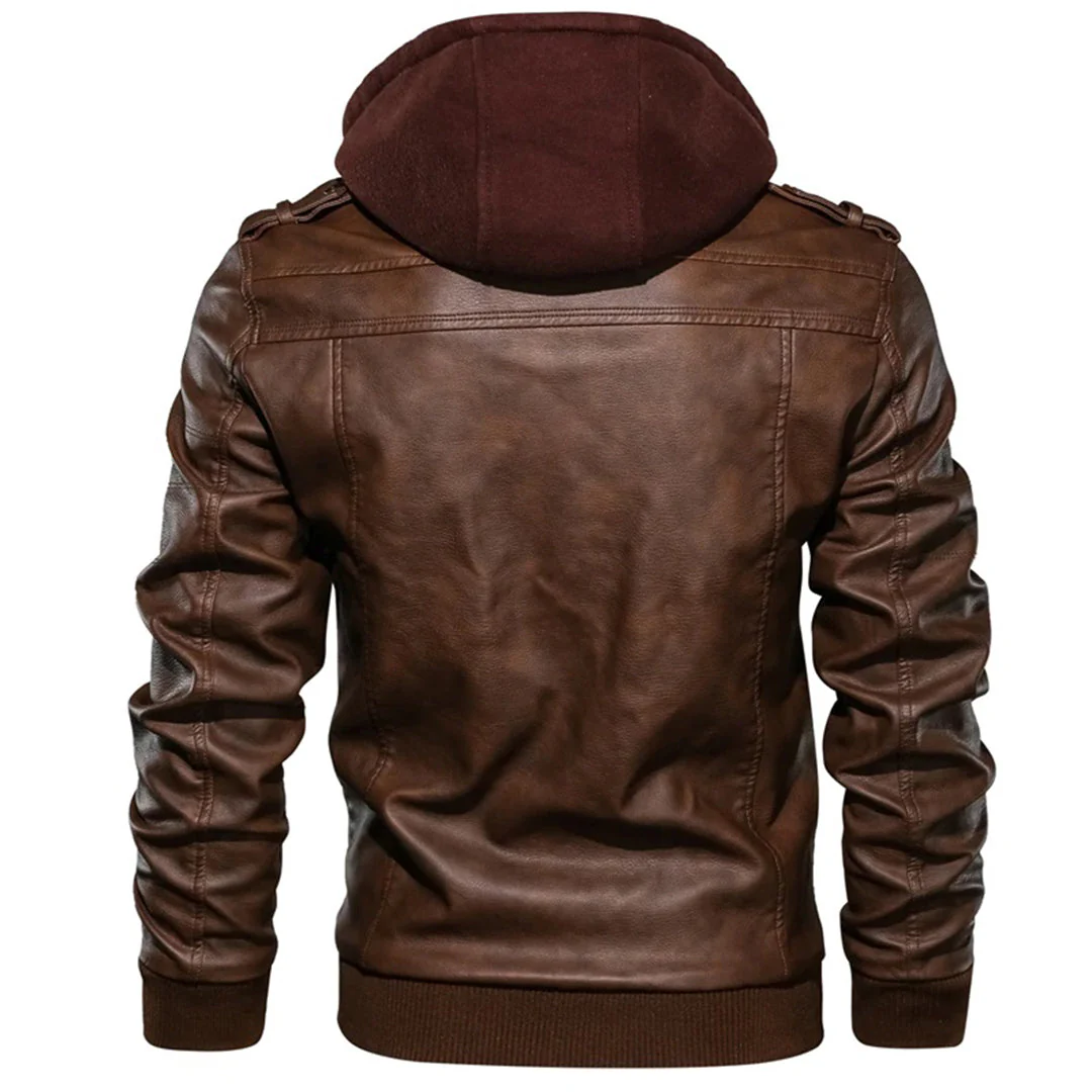 Men’s Leather Jacket – Tailored Fit – Detachable Hood – Zipper Pockets – Epaulettes - Image 8
