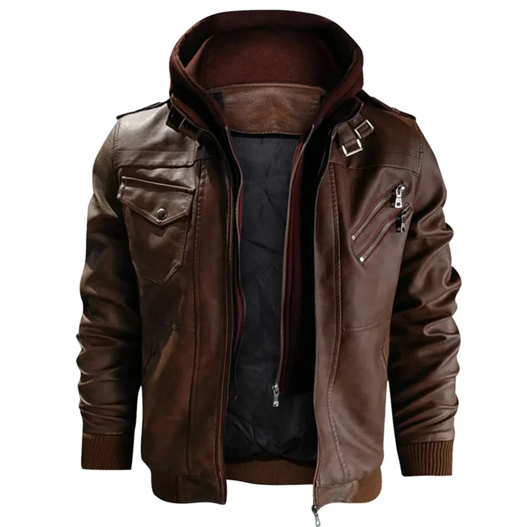 Men’s Leather Jacket – Tailored Fit – Detachable Hood – Zipper Pockets – Epaulettes - Image 9