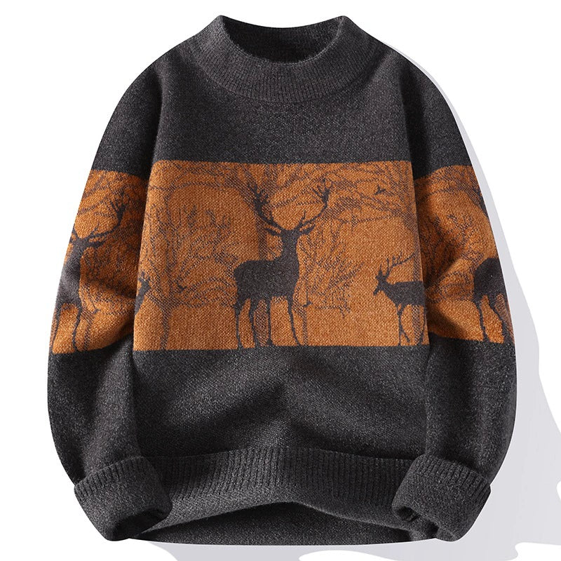 Men’s Pullover Sweater – Loose Fit – Wool Knit – Mock Neck – Deer Pattern – Ribbed Hem - Image 4