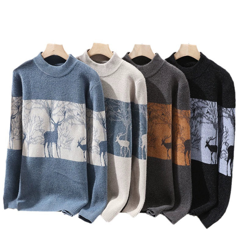 Men’s Pullover Sweater – Loose Fit – Wool Knit – Mock Neck – Deer Pattern – Ribbed Hem - Image 5