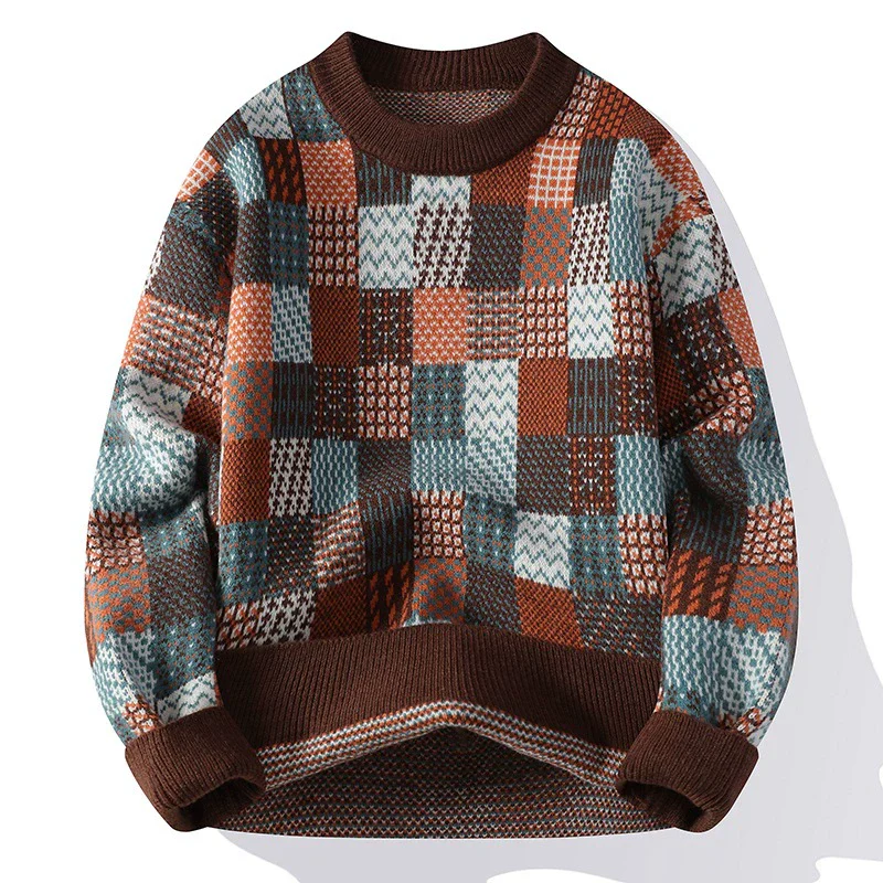 Men’s Pullover Sweater – Relaxed Fit – Knit Patchwork – Ribbed Crew Neck and Cuffs - Image 3