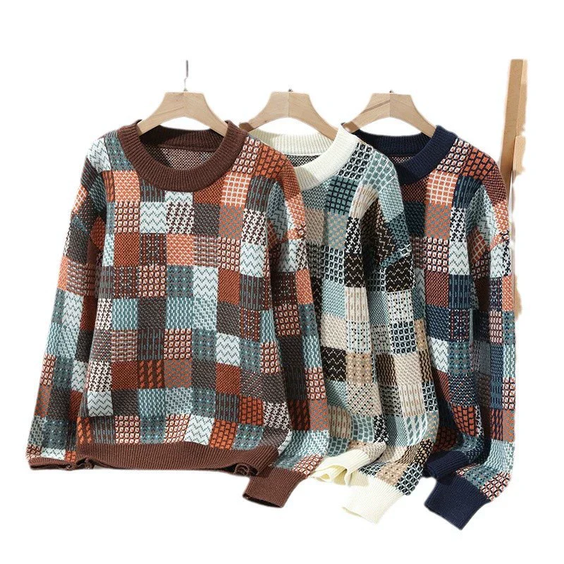 Men’s Pullover Sweater – Relaxed Fit – Knit Patchwork – Ribbed Crew Neck and Cuffs - Image 4