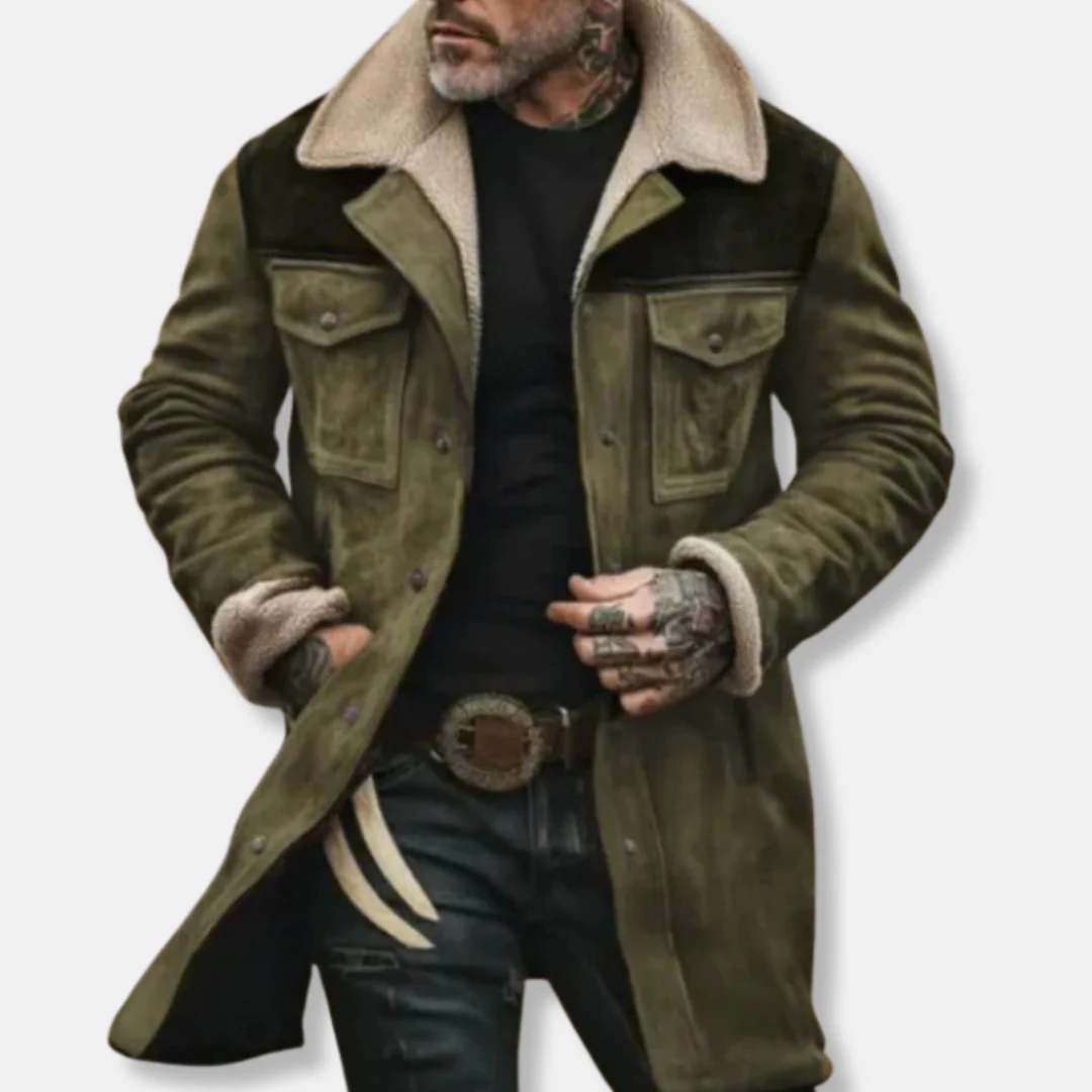 Men’s Casual Long Coat – Suede Texture – Faux Shearling Collar – Button-Up Front - Image 3