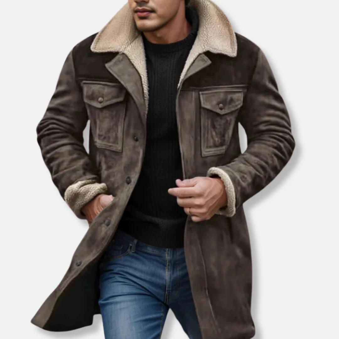 Men’s Casual Long Coat – Suede Texture – Faux Shearling Collar – Button-Up Front - Image 4