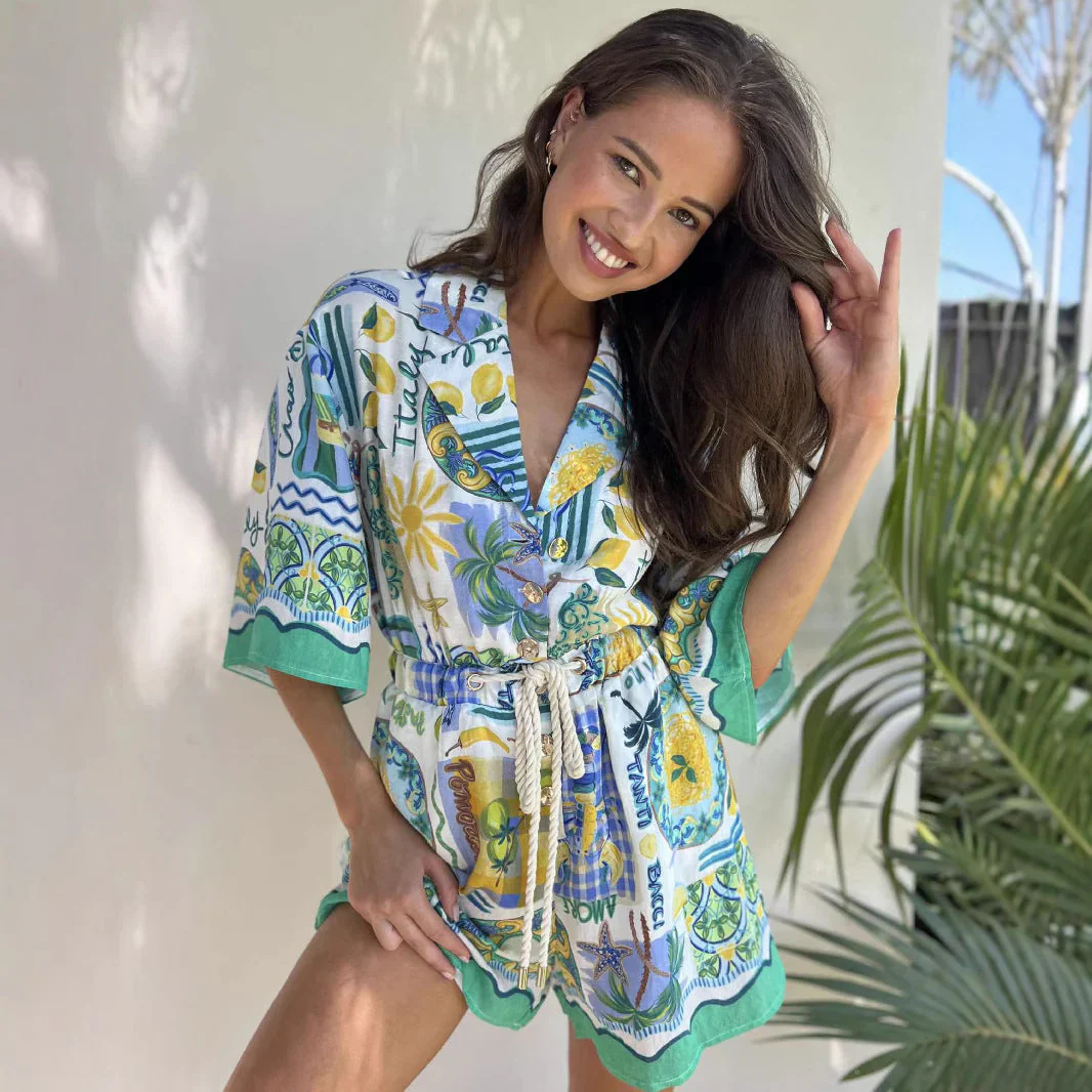 Noa Romper | Tropical Print Waist Tie Relaxed Fit Romper - Image 3