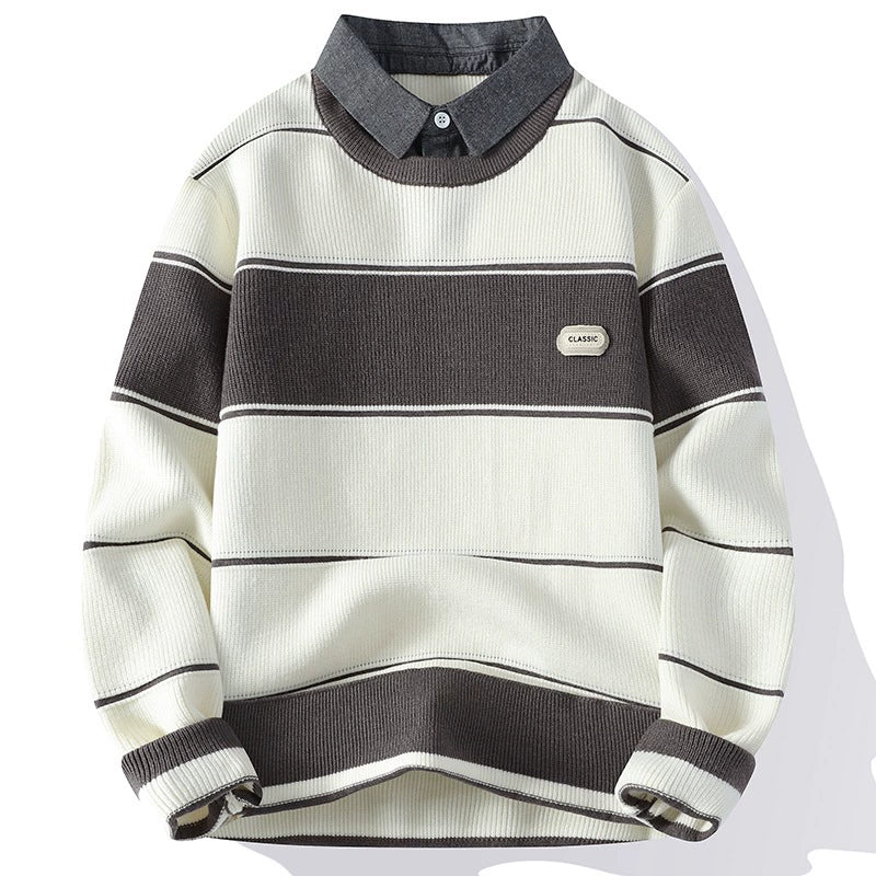 Elton Striped Collar Pullover Sweater | Ribbed Knit Relaxed Fit Sweater - Image 2