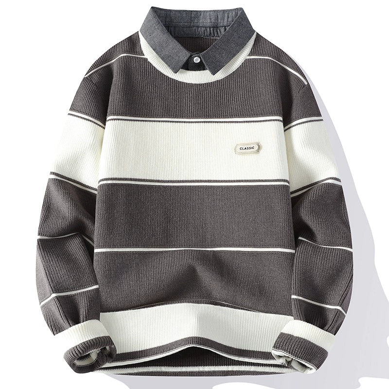 Elton Striped Collar Pullover Sweater | Ribbed Knit Relaxed Fit Sweater - Image 3