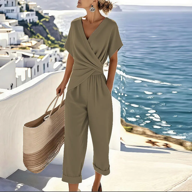 Olivia Relaxed Fit Wrap Blouse and Cropped Trousers Two-Piece Set | V-Neck Wrap Front Blouse Hip-Length Trousers - Image 3