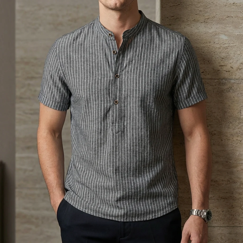 Oscar Relaxed Fit Band Collar Shirt | Striped Short Sleeve Shirt - Image 3