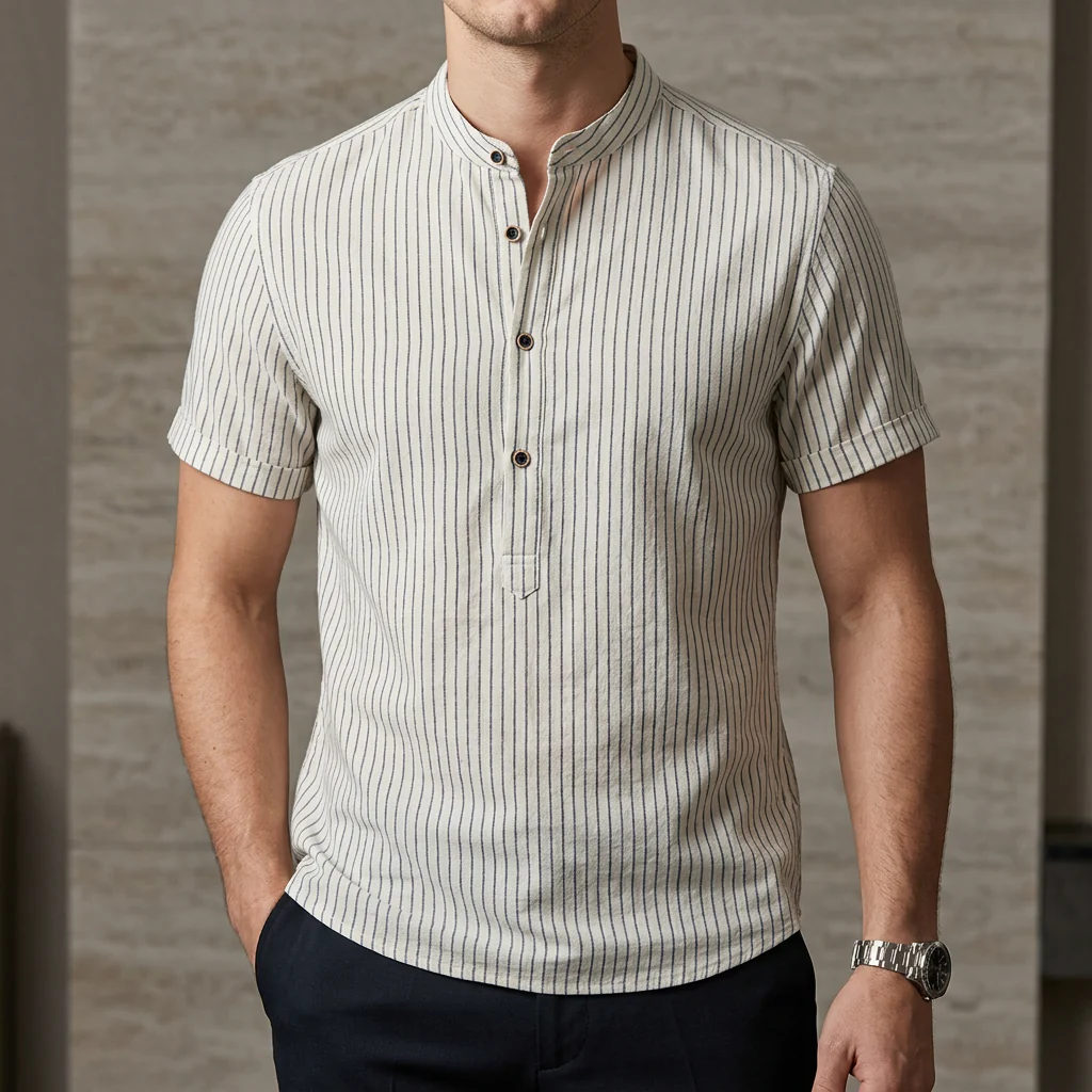 Oscar Relaxed Fit Band Collar Shirt | Striped Short Sleeve Shirt - Image 4