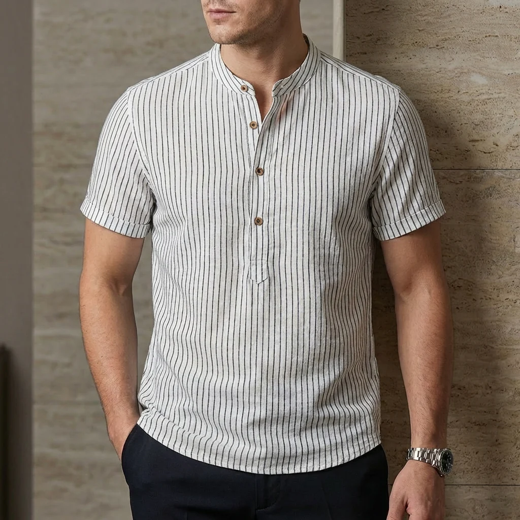Oscar Relaxed Fit Band Collar Shirt | Striped Short Sleeve Shirt - Image 5