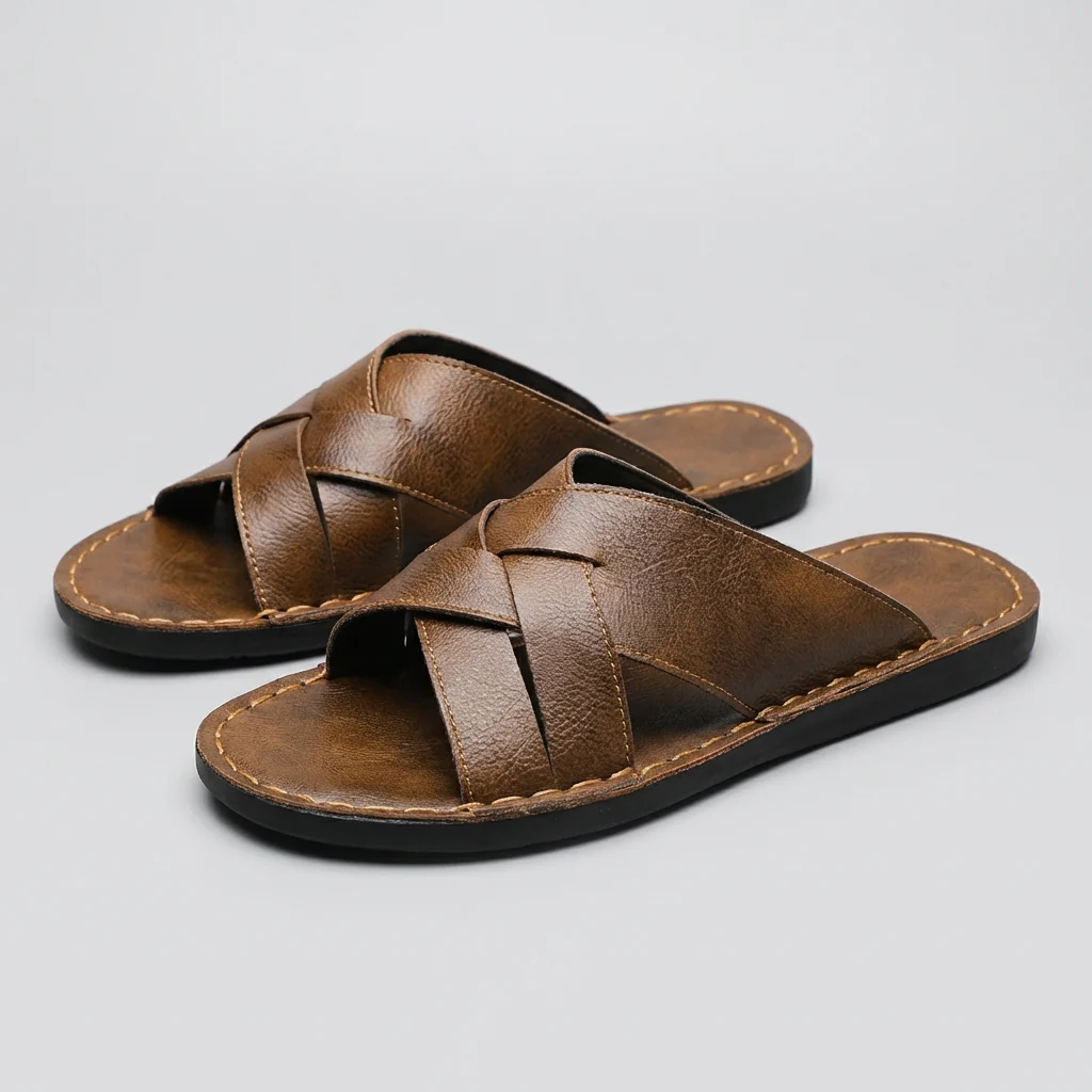 Oscar Standard Fit Slide Sandal | Criss-Cross Straps Contrast Stitching Slide Sandal - Image 3