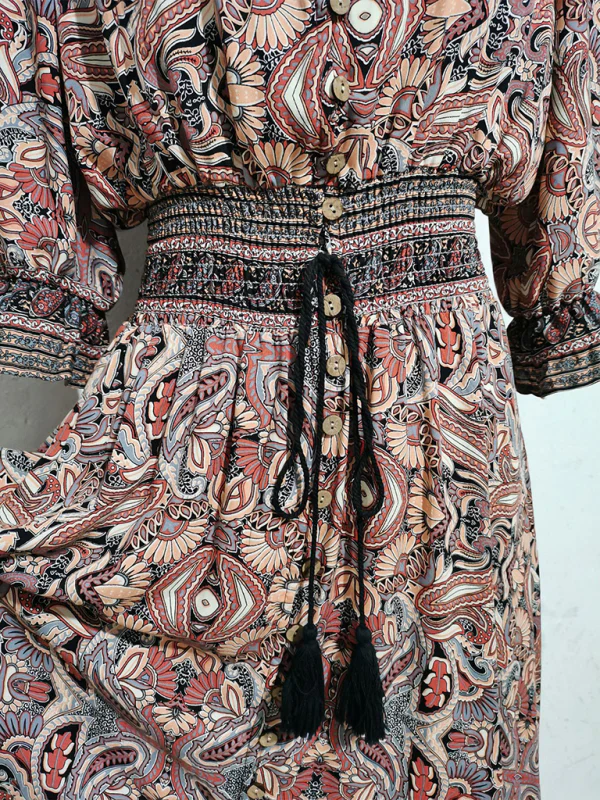 Qamira Dress | Bohemian Long Dress with Cinched Waist & 3/4 Sleeves - Image 3