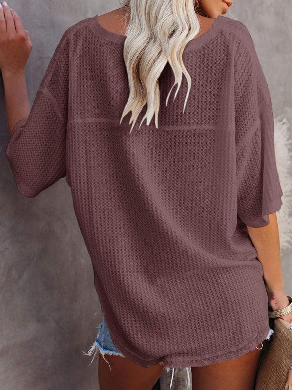 Qelara T-Shirt | V Neck Loose Sleeve Waffle Knit T-Shirt - Image 3