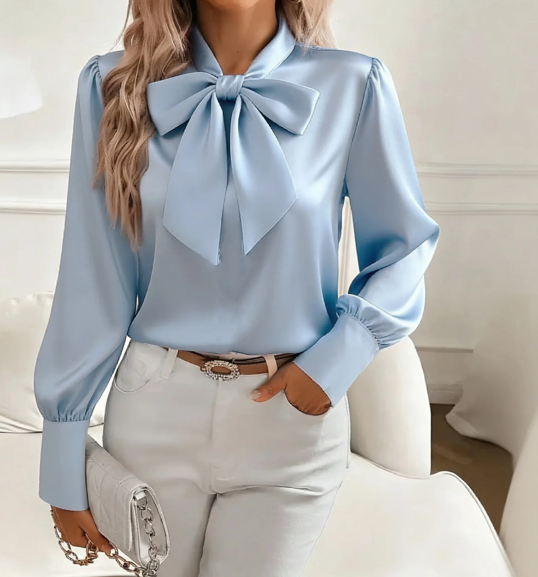 Qendressa Blouse | Women's Autumn Puff Sleeve Bow Collar Blouse - Image 9