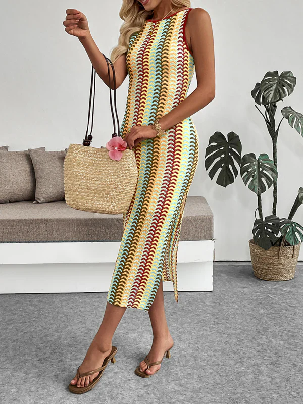 Qirelle Dress | Striped Crochet Fitted Midi Dress - Image 3