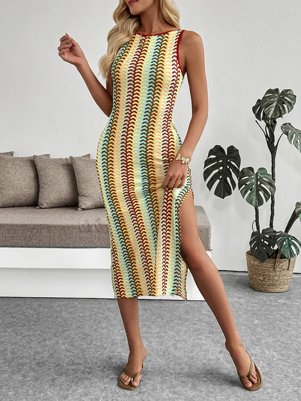 Qirelle Dress | Striped Crochet Fitted Midi Dress - Image 4