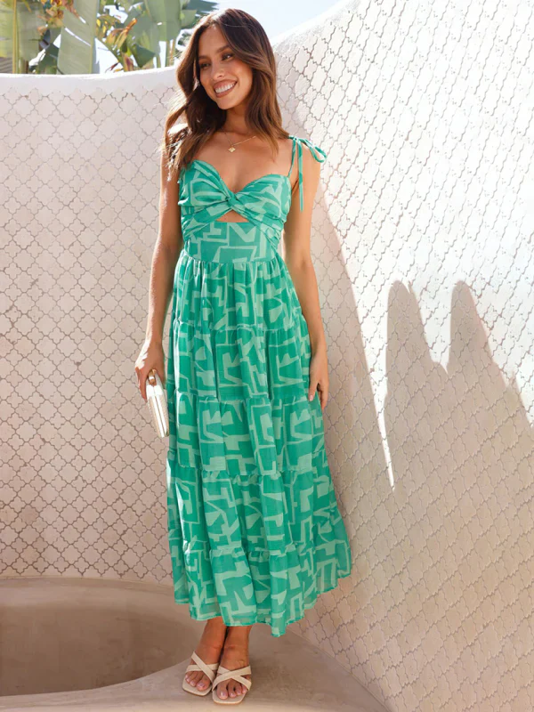 Queeny Dress | Green Pattern Maxi Dress with Sweetheart Neckline - Image 3