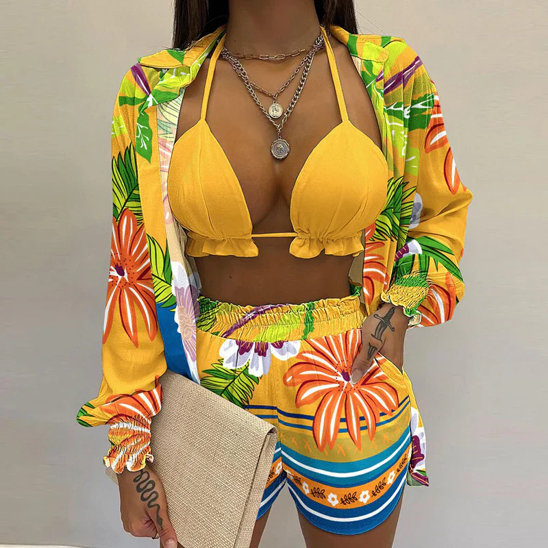 Quinara 3-Piece Bikini Set | Triangle Top, Shorts & Blouse - Image 3