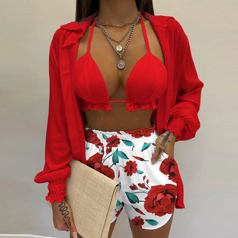 Quinara 3-Piece Bikini Set | Triangle Top, Shorts & Blouse - Image 4