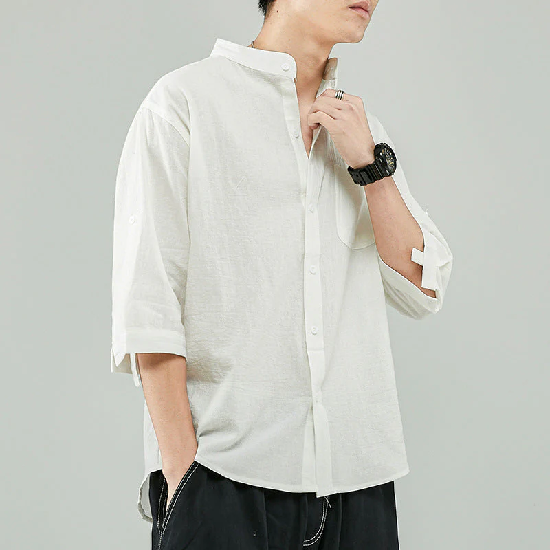 Rashid Shirt | Men's Linen Shirt Relaxed Fit Band Collar - Image 2