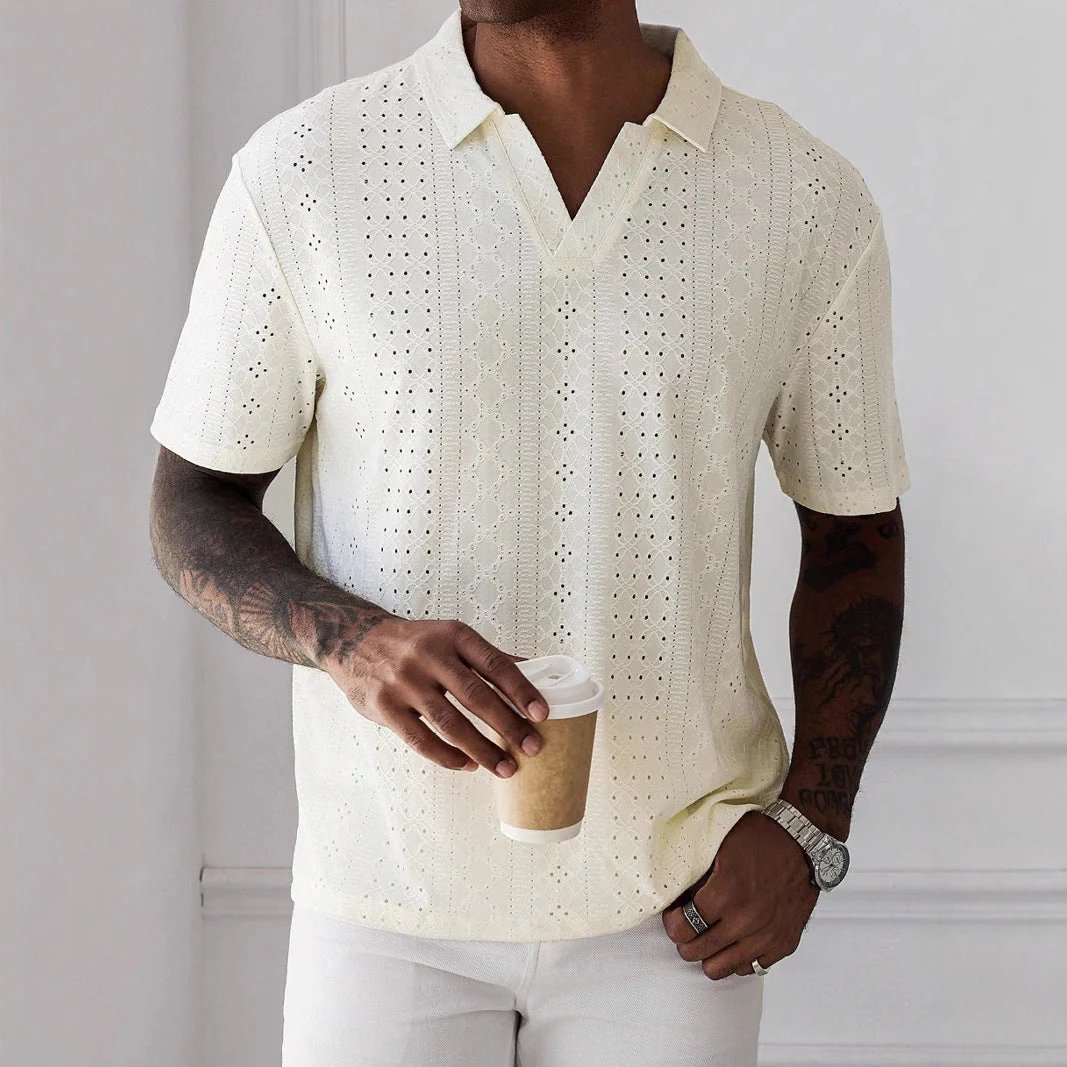 Rayan Polo | Men's Knit Polo with Jacquard Lace Design - Image 2