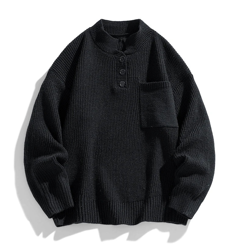 Rocco Relaxed Fit Mock Neck Sweater | Button Front Ribbed Sweater - Image 3