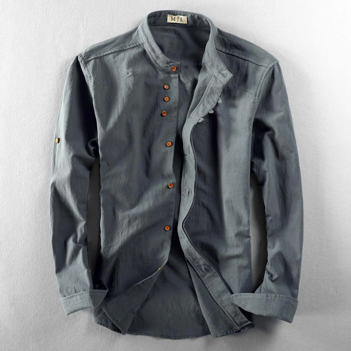 Samuel Relaxed Fit Band Collar Shirt | Button Front Roll-Tab Sleeves Shirt
