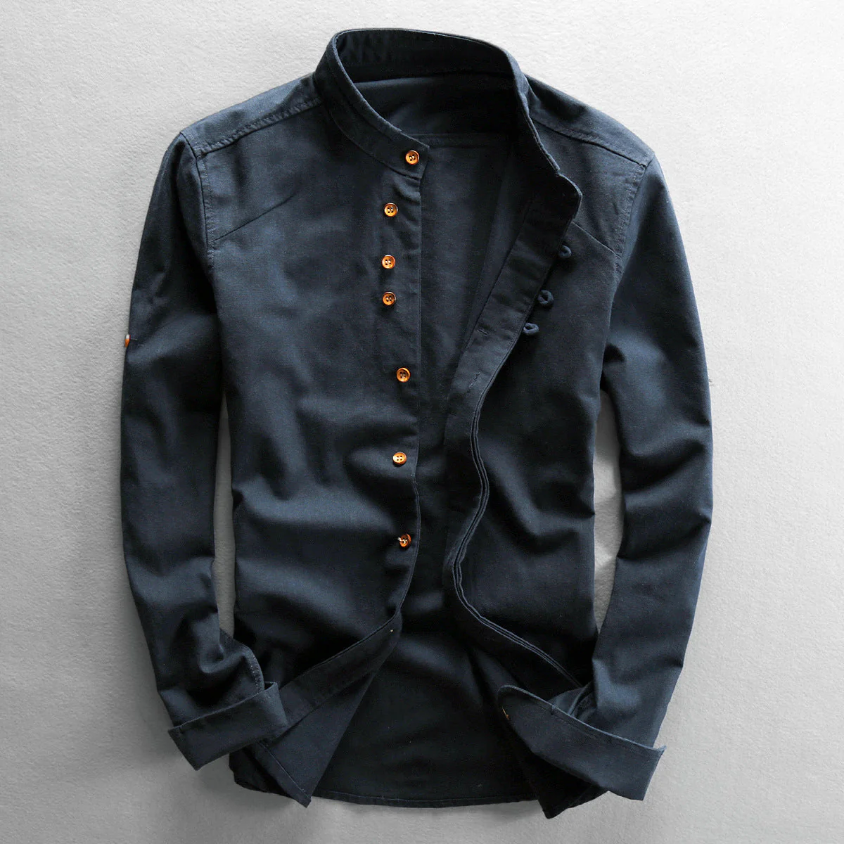 Samuel Relaxed Fit Band Collar Shirt | Button Front Roll-Tab Sleeves Shirt - Image 2