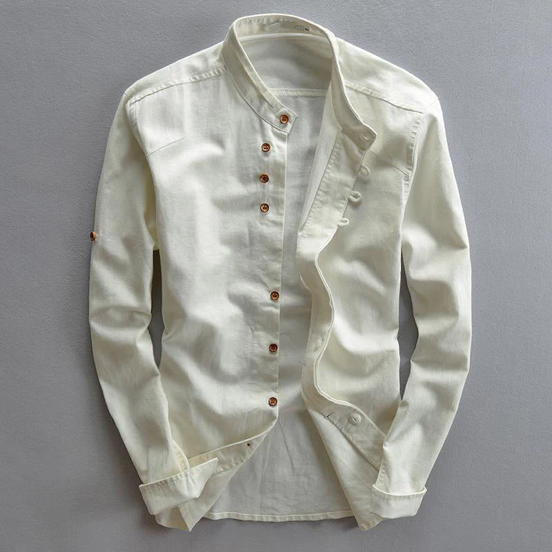 Samuel Relaxed Fit Band Collar Shirt | Button Front Roll-Tab Sleeves Shirt - Image 4