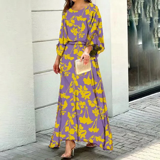 Selin Dress | Long Sleeve Round Neck Cinched Waist All-Over Print Dress - Image 3
