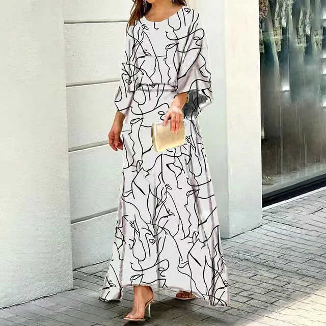 Selin Dress | Long Sleeve Round Neck Cinched Waist All-Over Print Dress - Image 5