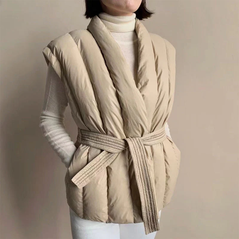 Sienna Belted Wrap Front Relaxed Fit Puffer Vest | Shawl Collar Sleeveless Puffer Vest - Image 3