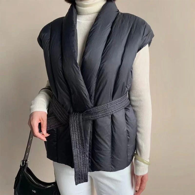 Sienna Belted Wrap Front Relaxed Fit Puffer Vest | Shawl Collar Sleeveless Puffer Vest - Image 5