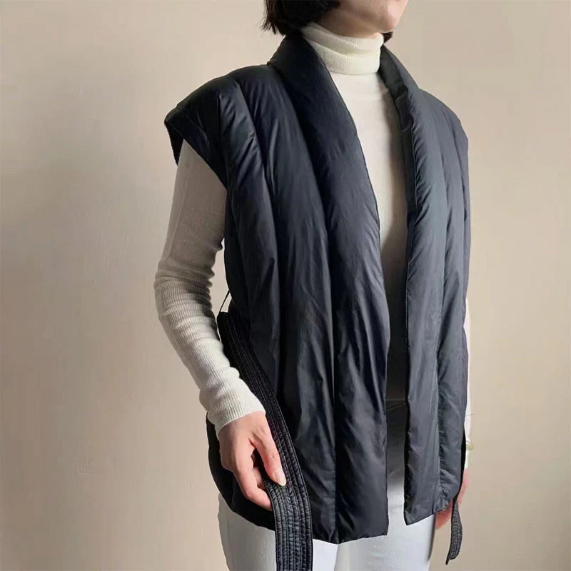 Sienna Belted Wrap Front Relaxed Fit Puffer Vest | Shawl Collar Sleeveless Puffer Vest - Image 6