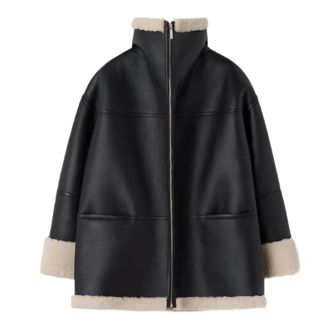 Sienna Oversized Shearling Jacket | Collared Solid Jacket - Image 3