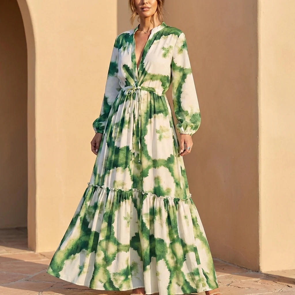 Sienna Maxi Dress | Collared V-Neck Drawstring Waist Dress
