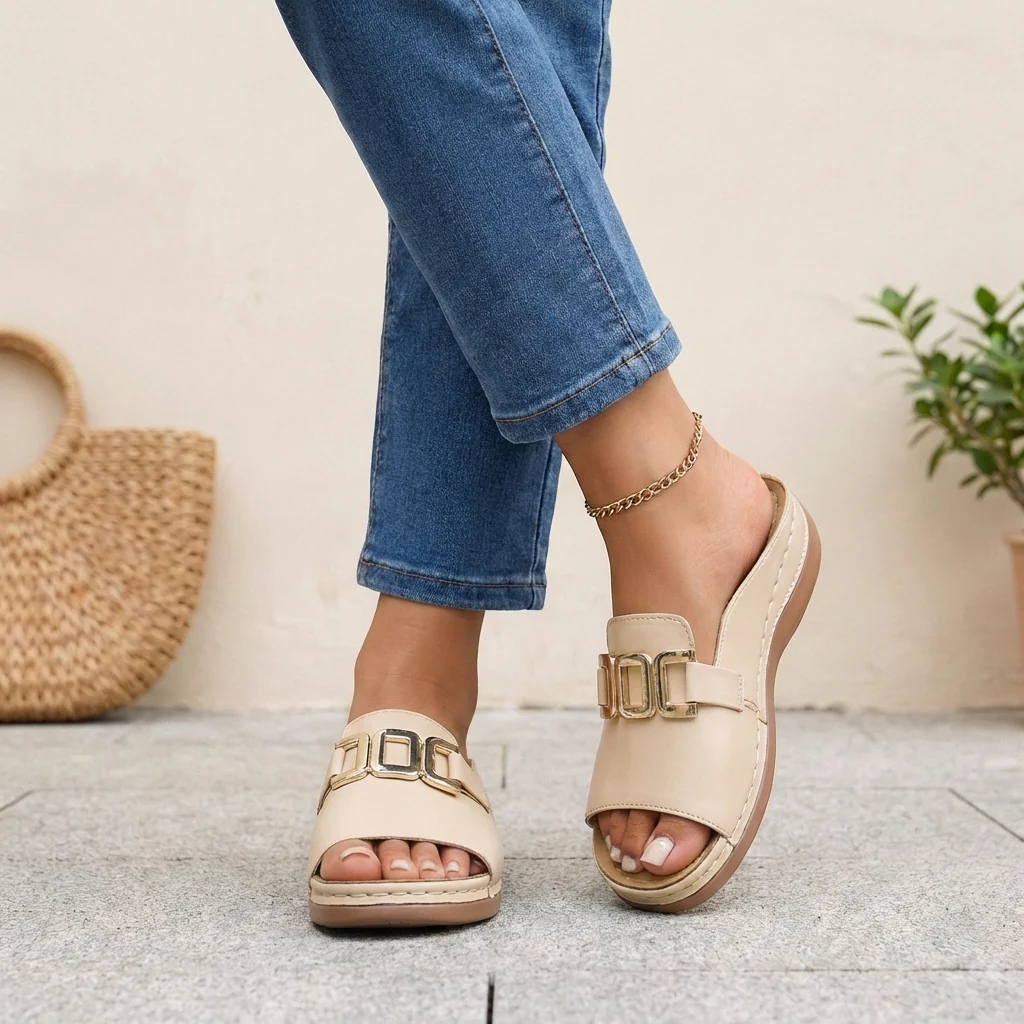 Sienna Orthopedic Slide Sandals | Open Toe Buckle Detail Sandals - Image 3