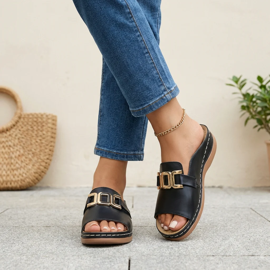 Sienna Orthopedic Slide Sandals | Open Toe Buckle Detail Sandals - Image 4